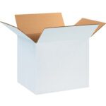 The MH-USA 12 x 8 x 8 white corrugated boxes show off a classic brown interior and standard texture with open flaps on a crisp white background. Ideal for packaging or storage, these boxes come in a convenient bundle of 25.