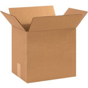 An open MH-USA 12 x 9 x 10 Corrugated Box (25/Bundle) with upright flaps sits against a white background. This empty brown box, perfect for shipping or storage, is sold in bundles of 25.