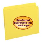 The Smead File Folder (12910) is a yellow, letter-size file folder featuring a reinforced straight-cut tab for durability. It includes a large orange oval label stating, Reinforced Full-Width Tab Lasts Longer, and stands upright to efficiently organize documents.