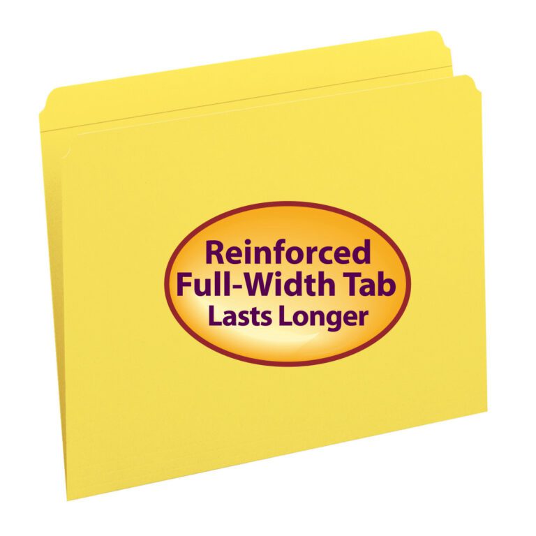 The Smead File Folder (12910) is a yellow, letter-size file folder featuring a reinforced straight-cut tab for durability. It includes a large orange oval label stating, Reinforced Full-Width Tab Lasts Longer, and stands upright to efficiently organize documents.
