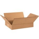 The MH-USA 12 x 9 x 2 flat corrugated box, shown open with flaps extended on a white background, is crafted from sturdy brown cardboard and appears empty. Its ideal for versatile packaging needs and is available in bundles of 25.