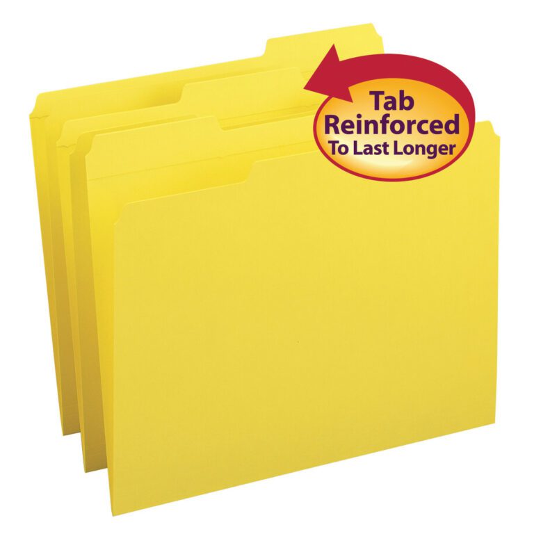 12934_C1.jpg Three Smead File Folders (12934), in letter size and yellow, are displayed slightly apart with a red arrow sticker that reads Tab Reinforced to Last Longer, emphasizing their durability. Sold 100 per box, these folders offer quality and value against a plain white backdrop.
