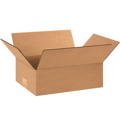 1294.jpg An MH-USA 12 x 9 x 4 flat corrugated box with flaps extended outward, shown against a plain white background.