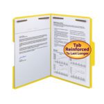 A yellow Smead Fastener File Folder is open to show documents with text and charts. The label says, Tab Reinforced To Last Longer. It features two metal top fasteners and comes in a box of 50, model number 12940.