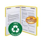 A red Smead 100% Recycled Fastener File Folder with charts and documents appears, featuring a green recycling symbol labeled 100% Recycled Stock. The reinforced 1/3-cut tab is designed to last longer. Available in letter size, they come 50 per box (12941).