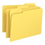 A set of Smead File Folders with 1/3-cut tabs, letter size in yellow, is displayed partially overlapping and upright against a white background. Organized for convenience, these come in boxes of 100 (12943).