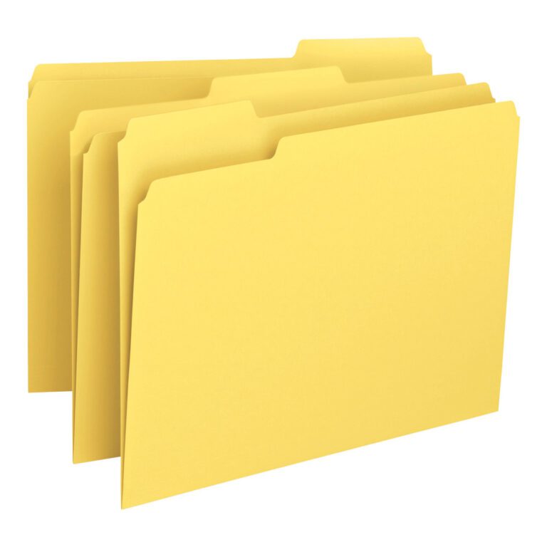 A set of Smead File Folders with 1/3-cut tabs, letter size in yellow, is displayed partially overlapping and upright against a white background. Organized for convenience, these come in boxes of 100 (12943).