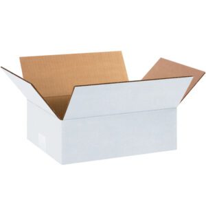 An open MH-USA 12 x 9 x 4 white corrugated box with brown flaps, set against a plain white background.