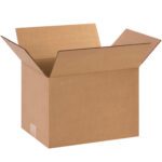 An empty MH-USA 12 x 9 x 8 Corrugated Box with extended flaps sits against a white background, highlighting the simple and versatile design of these boxes, sold in bundles of 25.