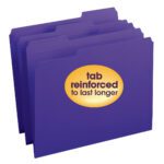 A set of 100 Smead File Folders, in a vibrant purple with reinforced 1/3-cut tabs, features a tab reinforced to last longer sticker on the front folder, making it ideal for durability. (Product Number: 13034).