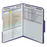 A Smead Fastener File Folder stands upright, slightly open to reveal a printed document with colored highlights. It lists items under headings, secured with 2 fasteners and features a reinforced 1/3-cut tab for durability.