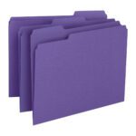 A set of four purple Smead file folders (13043) with 1/3-cut tabs are neatly staggered to the right. These empty, letter-size folders feature a smooth matte finish, and come 100 per box.