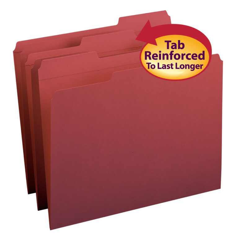The image shows three maroon Smead File Folders with reinforced 1/3-cut tabs and a label stating, Tab Reinforced To Last Longer. They are available in packs of 100 per box (13084).