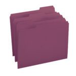 The Smead File Folder, 1/3-Cut Tab, Letter Size in maroon, made of sturdy cardstock and sold 100 per box (13093), offers durable essentials for any office setup. Four stand upright and slightly fanned out to streamline organization.