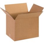 An open, empty MH-USA 13 x 10 x 10 corrugated box from the 25/Bundle pack is displayed with raised flaps against a plain white background.