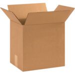 A brown MH-USA 13 x 10 x 12 corrugated box, part of a 25/bundle set, is displayed with open flaps against a plain white background, showcasing its spacious interior.