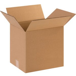 An open, empty MH-USA 13 x 10 x 13 corrugated box stands with flaps outstretched against a plain white background.