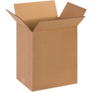 An upright, open MH-USA 13 x 10 x 15 corrugated box from the bundle of 25 contrasts with its brown, durable material against a plain white background.