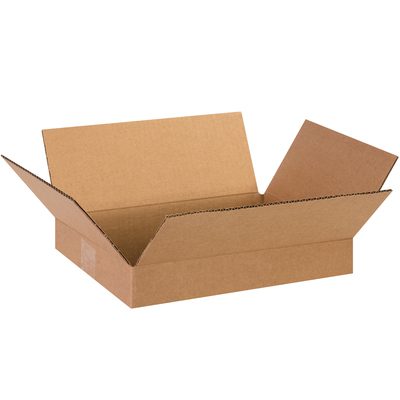 13102.jpg A bundle of 25 MH-USA 13 x 10 x 2 flat corrugated boxes, empty and unused with no markings, features an open brown cardboard box with outward flaps on a white background.