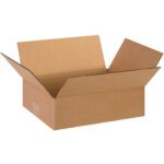 An empty MH-USA 13 x 10 x 4 flat corrugated box, with flaps open, is placed against a plain white background. Ideal for shipping needs, it comes as part of a 25-piece bundle.
