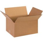 An open MH-USA 13 x 10 x 7 Corrugated Box (25/Bundle) with raised flaps is shown against a white background, highlighting its sturdiness and versatility for various packing needs.