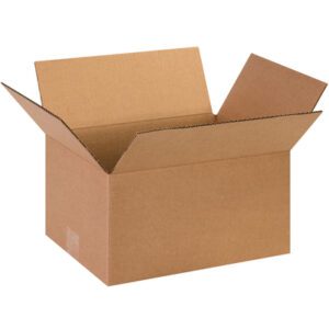 An open MH-USA 13 x 10 x 7 Corrugated Box (25/Bundle) with raised flaps is shown against a white background, highlighting its sturdiness and versatility for various packing needs.