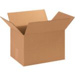 An MH-USA 13 3/4 x 10 1/4 x 9 1/8 corrugated box with outward flaps is open and empty against a plain white background.