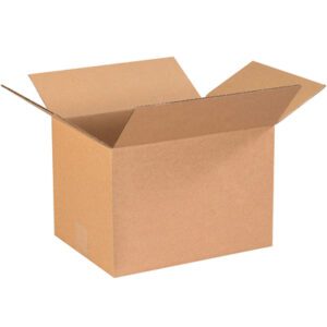 An open, empty MH-USA 13 1/4 x 10 1/4 x 9 corrugated box with outward flaps sits on a white background, showcasing its simple design. Offered in bundles of 25, its ideal for packing needs.