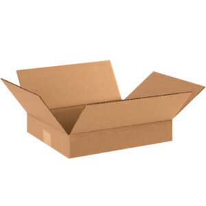 An open MH-USA 13 x 11 x 2 flat corrugated box, part of a bundle of 25, sits with flaps extended on a white background. Ideal for shipping and packaging needs.