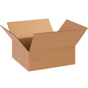 The MH-USA 13 x 11 x 5 Flat Corrugated Box from a bundle of 25, sits open with extended flaps on a white background. Its empty and angled, highlighting its sturdy structure.