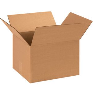 An open, empty MH-USA 13 x 11 x 9 corrugated box with upright flaps is set against a plain white background.