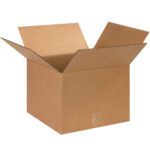 An open MH-USA 13 x 13 x 12 corrugated box with flaps extended outward rests against a plain white background, part of a bundle of 25.