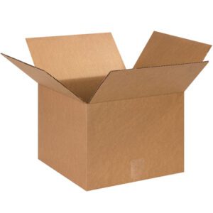 An open MH-USA 13 x 13 x 12 corrugated box with flaps extended outward rests against a plain white background, part of a bundle of 25.