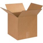 An open MH-USA 13 x 13 x 13 corrugated box (25/Bundle), with flaps extended, showcases its sturdy construction in brown cardboard and sits empty against a plain white background.