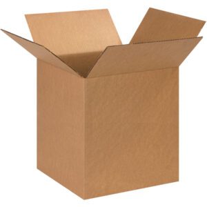 A brown MH-USA 13 x 13 x 15 corrugated box, part of a 25-piece bundle, stands open with flaps extended against a plain white background, showing its empty interior.