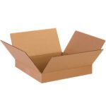An open, empty MH-USA 13 x 13 x 2 Flat Corrugated Box with raised flaps sits on a pristine white background.