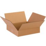 An open cardboard box with flaps spread outward displays the MH-USA 13 x 13 x 3 Flat Corrugated Boxes, set against a plain white background. These elegant boxes, available in bundles of 25, provide a stylish yet practical packaging solution.