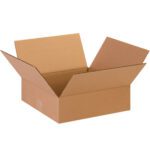 The open MH-USA 13 x 13 x 4 Flat Corrugated Box (25/Bundle) rests with its flaps spread outward against a plain white background, showcasing its light brown corrugated texture, evoking endless possibilities within its simplicity.