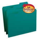 A pack of 100 Smead file folders (13134) is shown with three teal letter-size folders slightly fanned out. Each folder has a reinforced 1/3-cut tab, highlighted by a red arrow sticker saying Tab Reinforced to Last Longer.