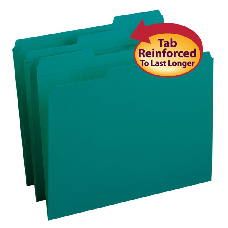 13134_C1.jpg A pack of 100 Smead file folders (13134) is shown with three teal letter-size folders slightly fanned out. Each folder has a reinforced 1/3-cut tab, highlighted by a red arrow sticker saying Tab Reinforced to Last Longer.