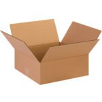The open brown cardboard box with flaps is from the MH-USA 13 x 13 x 5 Flat Corrugated Boxes collection, sold in bundles of 25.