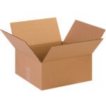 An open brown MH-USA 13 x 13 x 6 Flat Corrugated Box from a bundle of 25, with its flaps extended outward, sits empty against a plain white background.