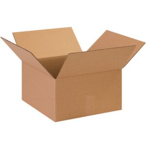 An open MH-USA 13.5x13.5x7.5 corrugated box, flaps outward on a white background, appears empty. Part of a durable 25-box bundle, these brown boxes are perfect for diverse storage needs.