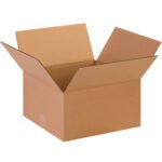 A MH-USA 13 x 13 x 7 corrugated box from a bundle of 25 is displayed empty with its flaps spread outward against a simple white background.