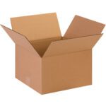 An MH-USA 13 x 13 x 8 corrugated box with raised flaps is displayed against a white background, highlighting the durable packaging available in bundles of 25.