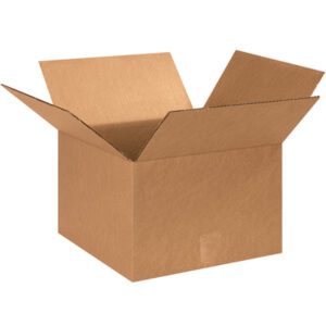 An open MH-USA 13 x 13 x 9 corrugated box with outward flaps sits empty against a white background, available in convenient bundles of 25.