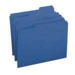 Five 1/3-cut tab, letter-sized navy Smead file folders (13193) are upright and slightly overlapping on a plain white background, highlighting their sleek design.