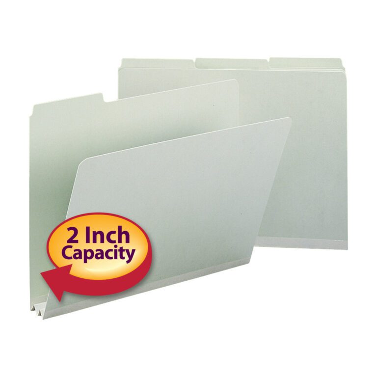 Two Smead Pressboard File Folders, letter size and 1/3-cut tab, in gray/green are depicted with tabs; one folder is slightly ahead of the other. A red/yellow label indicates a 2 Inch Capacity, highlighting their 2 expansion feature with an arrow pointing to the folder.