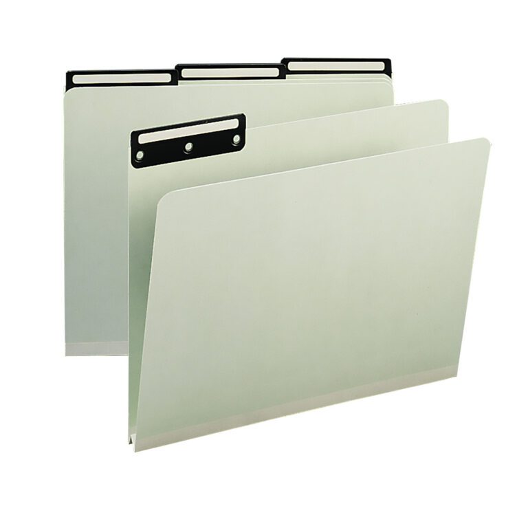 13430.jpg Two Smead Pressboard File Folders, 1/3-cut tab flat metal, with a 1 expansion in gray/green, stand upright in a staggered manner with one partially behind the other.