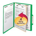 The Smead Classification File Folder, in vibrant green, boasts a letter-size design with multiple sections and securely holds three documents with fasteners. A central graphic highlights 4 filing surfaces, showcasing the folders remarkable capacity. Model: 13702, 2 expansion, 1 divider.